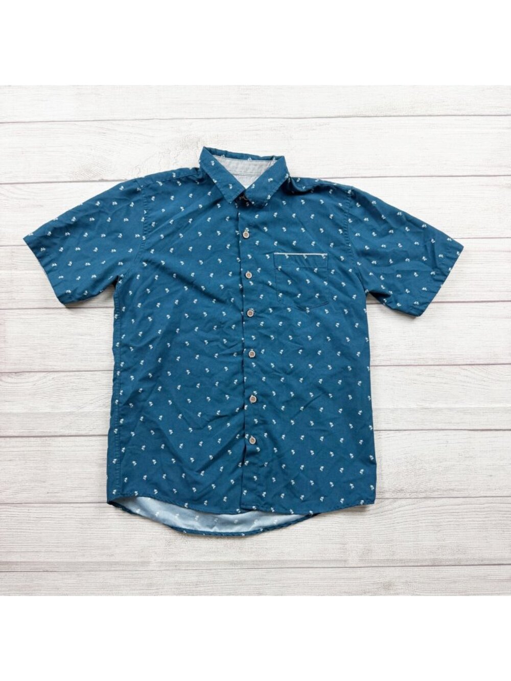 Craft + Flow Boys Button Up Palm Print Shirt Blue Short Sleeve L 14-16